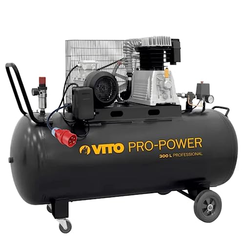VITO Black Series Kompressor 300 Liter 10 Bar 400V 5.5 PS - 10bar Betriebsdruck (max. 12bar) - 500L/Min - Luftkompressor 300L Kessel - Ölgeschmiert - 2-Zylinder Druckluftkompressor (300B)
