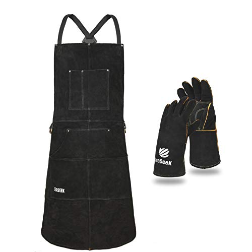 LeaSeek Schweißerschürze aus Leder,Hitzebeständige & Flammhemmende Schwere Arbeitsschürze mit 6 Taschen, 42' Extra Groß & Langer Riemen, Grill schürze Schwarz