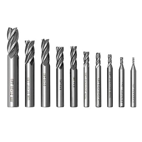 QWORK® Schaftfräser mit 4 Rillen, Bohraufsätze Cutter Metall Fräser Bohrer Sets für Holz, Aluminium, Stahl, Titan, CNC-Fräsen, 10 Stück 2, 3, 4, 5, 6, 7, 8, 9, 10, 12mm