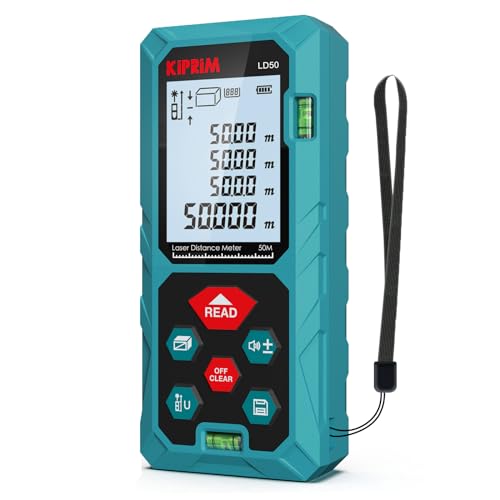 Entfernungsmesser, Kiprim LD50 50M Digitales Laser Entfernungsmesse mit LCD Hintergrundbeleuchtung M/In/Ft mit Mehreren Messmodi wie Pythagoras/Abstand/Fläche/Volumen Messungen,IP54