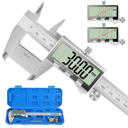 Ueznirn Messschieber Digital mit Großem LCD-Bildschirm, Schieblehre Digital mit Spritzwasserschutz und Staubschutz, Messschieber mit Ersatzbatterie und Aufbewahrungsbox (Silbrig)