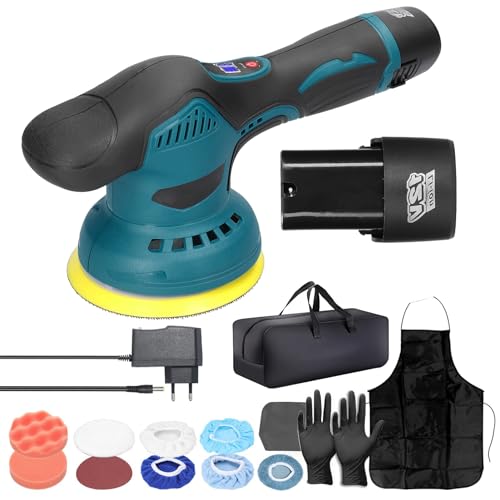 Akku Poliermaschine, Hancaner Exzenter Auto Poliermaschine 2800-5500 RPM 8 Variable Geschwindigkeiten zum Polieren und Wachsen von Auto Boden Möbel mit 2 * 3.0Ah Batterien | 17-Teilig,125mm