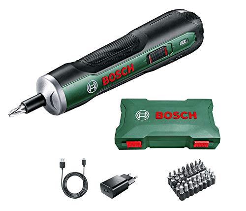Bosch - Ergonomischer Akkuschrauber PushDrive (eingebauter 3,6-V-1,5-Ah-Akku, Micro-USB-Aufladung, Lieferung mit 32 Schraubendrehern und Aufbewahrungsbox)