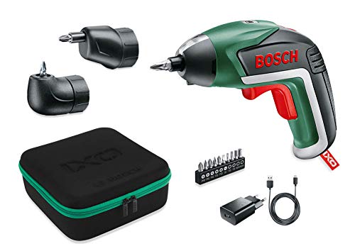 Bosch Akkuschrauber IXO Set (Winkelaufsatz und Exzenteraufsatz, 10 Bits, USB-Ladegerät, Softcase, 3,6 Volt, 1,5 Ah), Klassisch grün