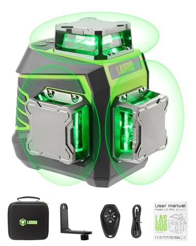 LasGoo Kreuzlinienlaser Selbstnivellierend 3 x 360°, Grüne 3D Laser-Wasserwaage für Konstruktion und Ausrichtung, Wiederaufladbarer Lithium-Akku, Fernbedienung, Magnetischer Drehständer – LG-3Dx