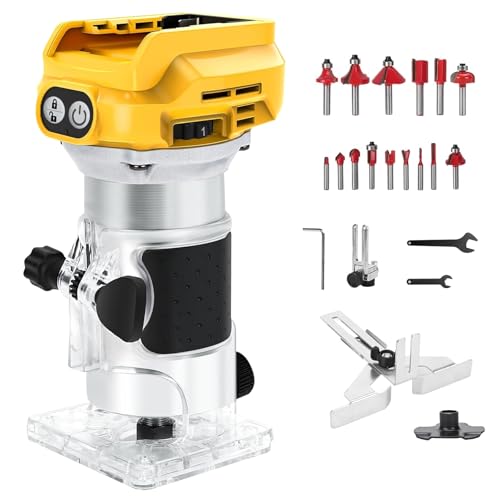 Akku Oberfräse kompatibel mit Dewalt 18V Akku, 1300W Oberfräse Trimmer Einhandfräse, Bürstenloser Kantenfräser mit 6 Geschwindigkeit, 28.000 U/min Akku-Holzfräser für Holzbearbeitung (no Akku)
