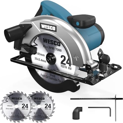 Kreissäge, WESCO 1400W Handkreissäge mit 24T 185mm Kreissägeblatt, 5800rpm, Max. Schnitttiefe 65mm (90°), 45mm (45°), mit Führungsschiene Staubsaugeradapter Parallelanschlag