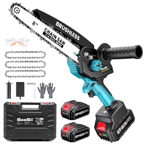 SEESII 8-Zoll Bürstenlose Mini-Kettensäge mit 2×4000mAh Batterien, Akku Kettensäge mit Automatischem Öler, 3,2 lbs Leichtgewicht, Ideal für Holzschneiden, Baumschnitt und DIY-Projekte