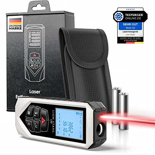 Lion Stahl Germany Laser-Entfernungsmesser von 5cm-150m Innenbereich, Laser-Champion, Keep-Balance, inkl. Batterien, Automatische Berechnung von Fläche, Volumen, Dreiecke, Pythagoras