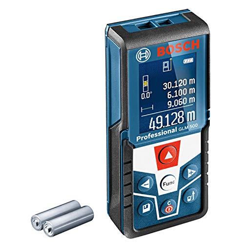 Bosch Professional Laser Entfernungsmesser GLM 500 (Arbeitsbereich: 0,05–50 m, Neigungswinkel: 0–360°, Messgenauigkeit: +/- 1,5 mm, 2 Batterien, AAA, in Kartonschachtel)