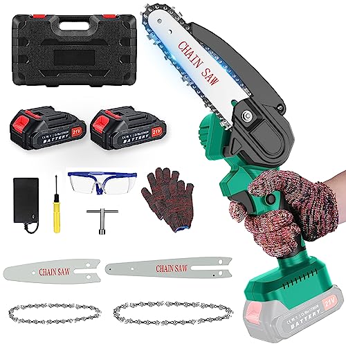 Sentasi Mini Kettensäge mit Akku,6 Zoll und 4 Zoll 21v 550W Handkettensäge Elektrische Akku Säge Tragbare mit Bürstenlosem Motor Akkusägen für Schneiden von Ästen Bäume Wälder 2*2000mAh akkusägen Grün