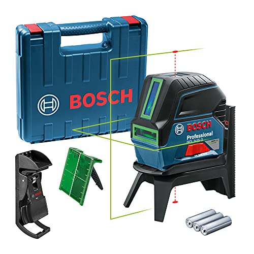 Bosch Professional Kreuzlinienlaser GCL 2-15 G (grüner Laser, Innenbereich, mit Lotpunkten, Arbeitsbereich: 15 m, 3x 1,5 V Batterien, Drehhalterung RM 1, Laserzieltafel, Handwerkerkoffer)