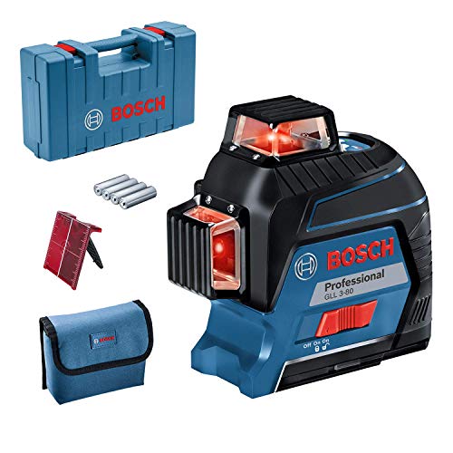 Bosch Professional Linienlaser GLL 3-80 (roter Laser, Innenbereich, max. Arbeitsbereich: 30 m, 4x AA Batterie, im Handwerkerkoffer)