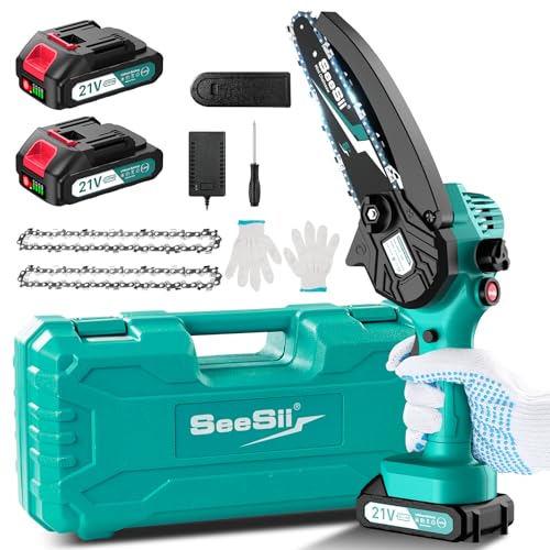Mini Kettensäge mit Akku 4000mAh, SEESII 6 Zoll Mini Kettensäge Elektro mit Automatischer Öler und 2 Akku 2000mAh, Handkettensäge Akku für Gartenscheren Astschere Holzschneidenz
