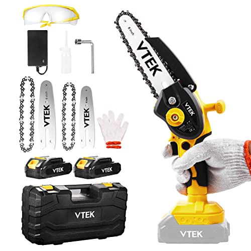 Mini Kettensäge mit Akku,4 Zoll,6 Zoll Akku Kettensäge VTEK kabellose kettensäge mit 2 Akkus und 2 Ketten,elektrische Einhand Kettensäge zum Schneiden von Holz, Beschneiden und Trimmen von Bäumen.