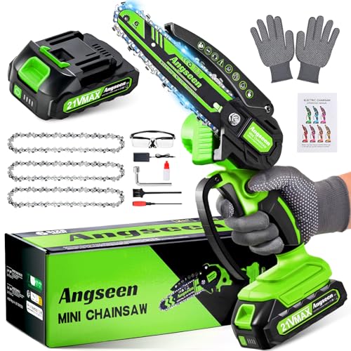 Angseen Akku Kettensäge, 6 Zoll Mini Kettensäge mit 3 Ketten und 850W Motor, Akku-Astsäge mit 1 Akku und Sicherheitsverriegelung, Starke Elektro-Handkettensäge für Holz, Astschere & Gartenarbeit