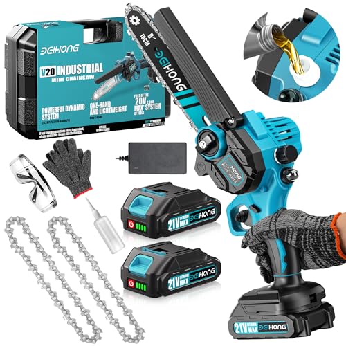 Mini Kettensäge mit Akku, 6 Zoll Akku Kettensäge, 2 Akkus 2.0Ah,Automatisches Schmiersystem,Kein Werkzeug erforderlich einfache Installation, Handkettensäge Akku für Gartenscheren